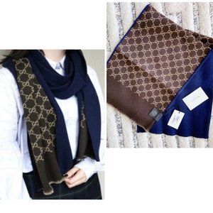 Authentic Gucci GG Logo Brown Blue 35x180cm/14”x71" Wool/Silk Shawl Scarf